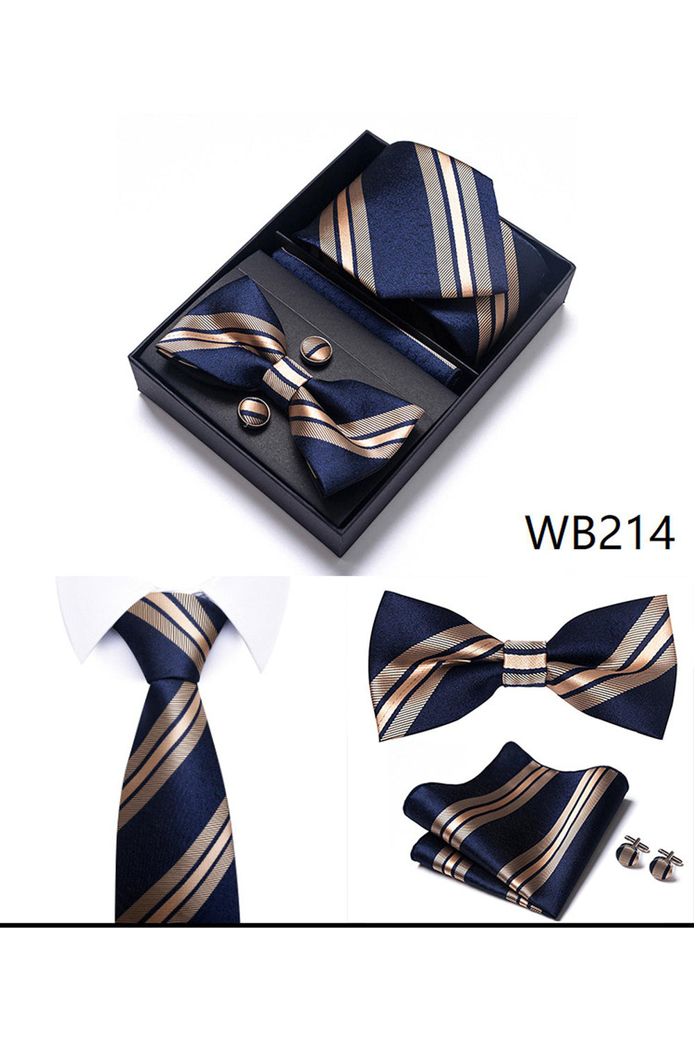 Classic Men's Formal Navy Gold Stripe Tie and Bowtie Set