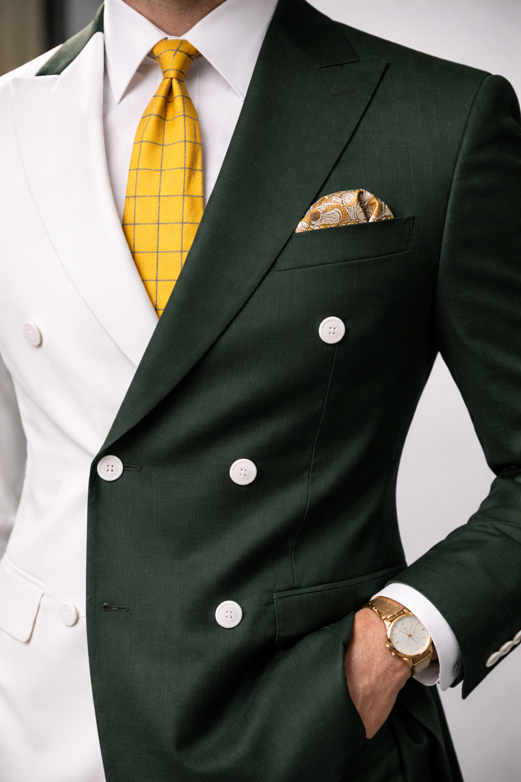 Men Green & White 2-Piece Peaked Lapel Double Breasted Prom Suits