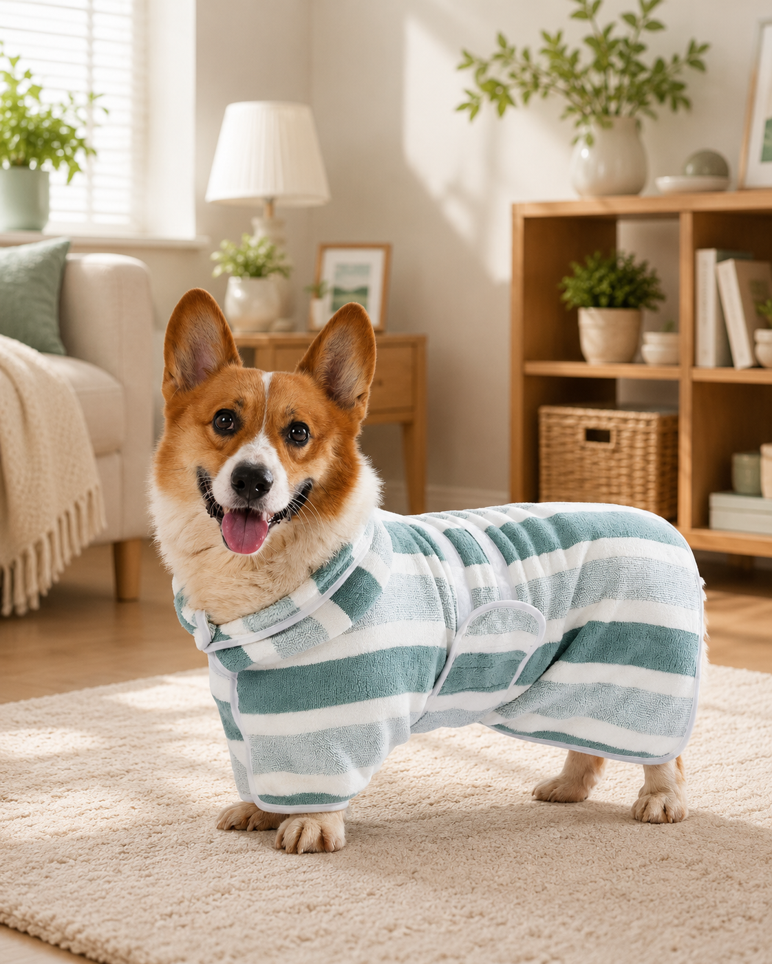 Quick Dry Dog Bathrobe With Striped Design And Adjustable Strap
