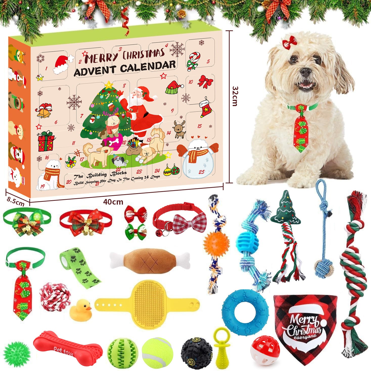 Advent Calendar 2025, Dog Advent Calendar 2025, 24 Days Dog Toy Christmas Countdown Calendar with Chew Ropes Toys Squeaky Balls Teething Toys Christmas Toy Gift for Xmas Small Large Dog Puppy Pet