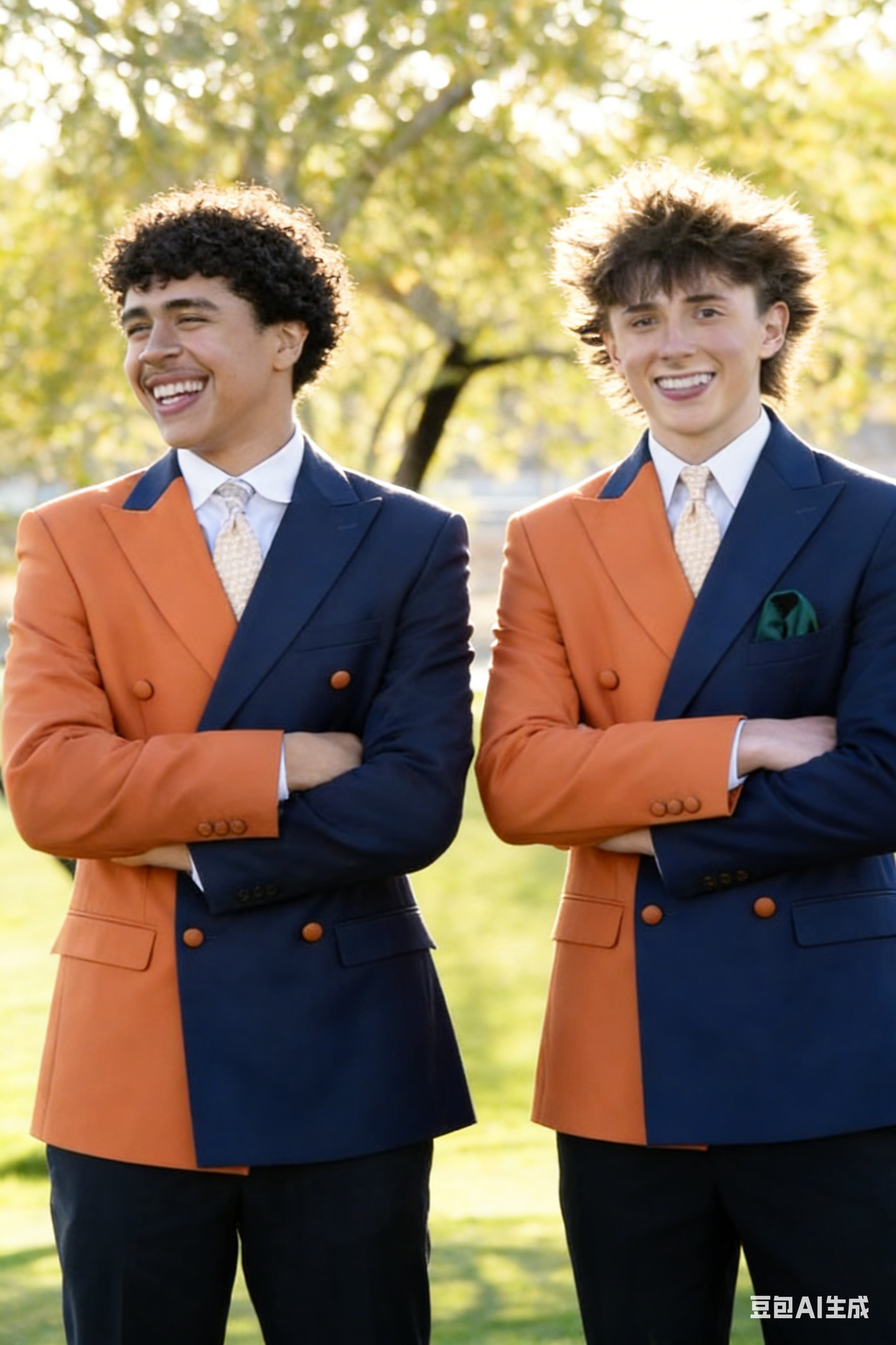 Men Orange & Blue 2-Piece Peaked Lapel Double Breasted Prom Suit