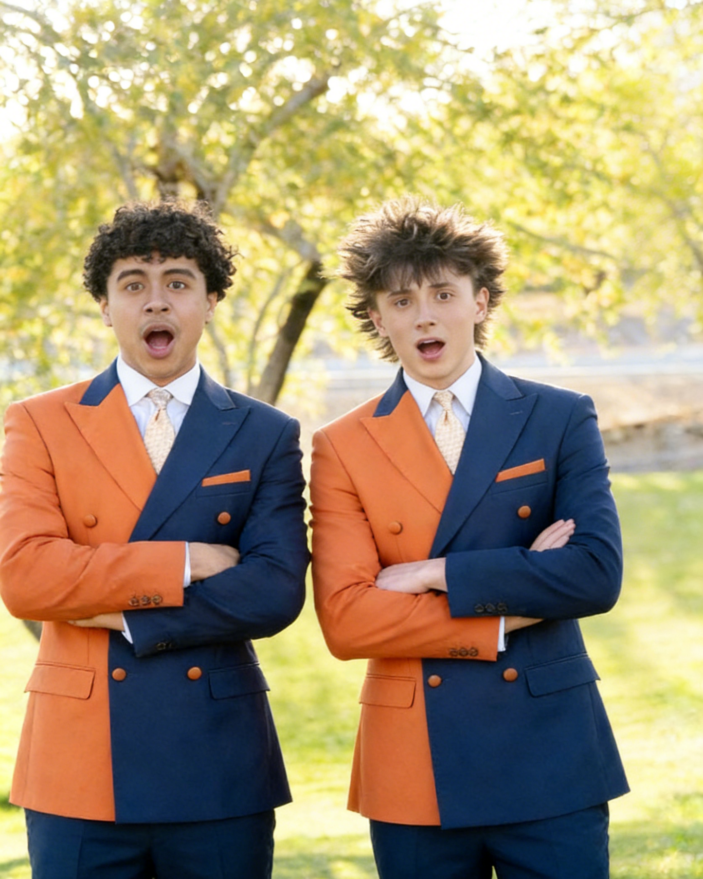 Men Orange & Blue 2-Piece Peaked Lapel Double Breasted Prom Suit