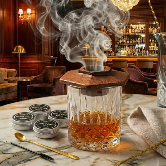 Premium Cocktail Smoker Kit for Whiskey & Bourbon – Wooden Drink Smoker Top with 4 Wood Chip Flavors – Old Fashioned Infuser Set