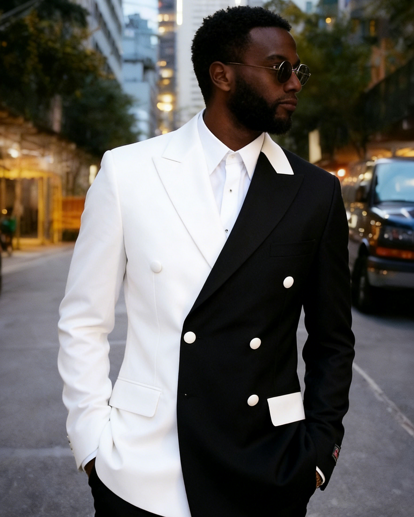 Men White & Black 2-Piece Peaked Lapel Double Breasted prom Suit