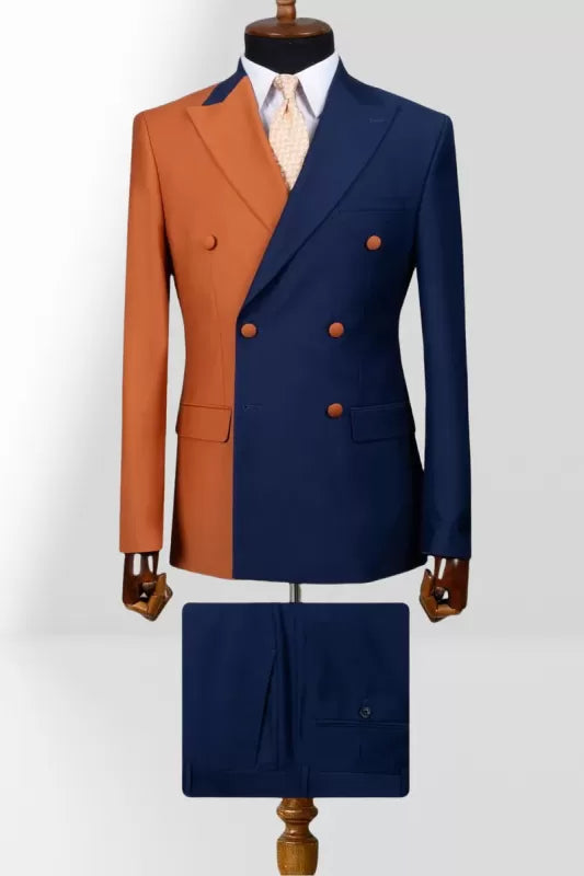 Men Orange & Blue 2-Piece Peaked Lapel Double Breasted Prom Suit