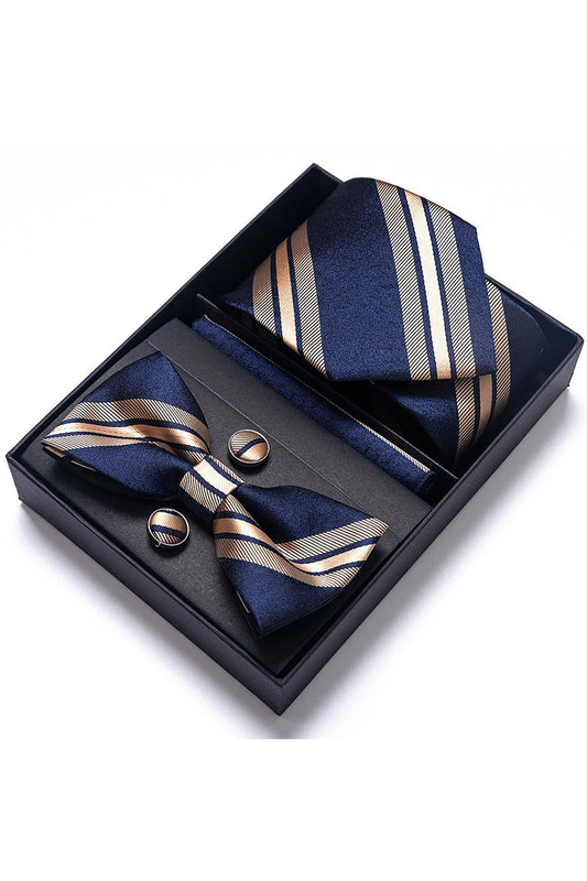 Classic Men's Formal Navy Gold Stripe Tie and Bowtie Set