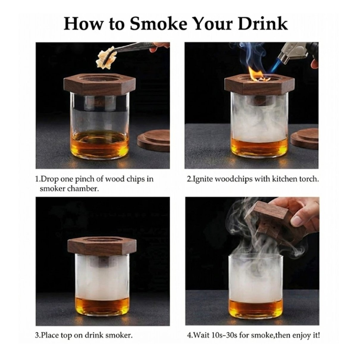 Premium Cocktail Smoker Kit for Whiskey & Bourbon – Wooden Drink Smoker Top with 4 Wood Chip Flavors – Old Fashioned Infuser Set