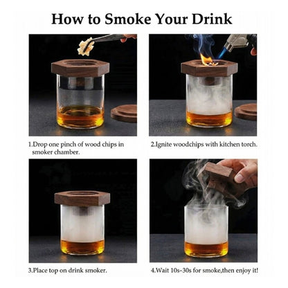 Premium Cocktail Smoker Kit for Whiskey & Bourbon – Wooden Drink Smoker Top with 4 Wood Chip Flavors – Old Fashioned Infuser Set