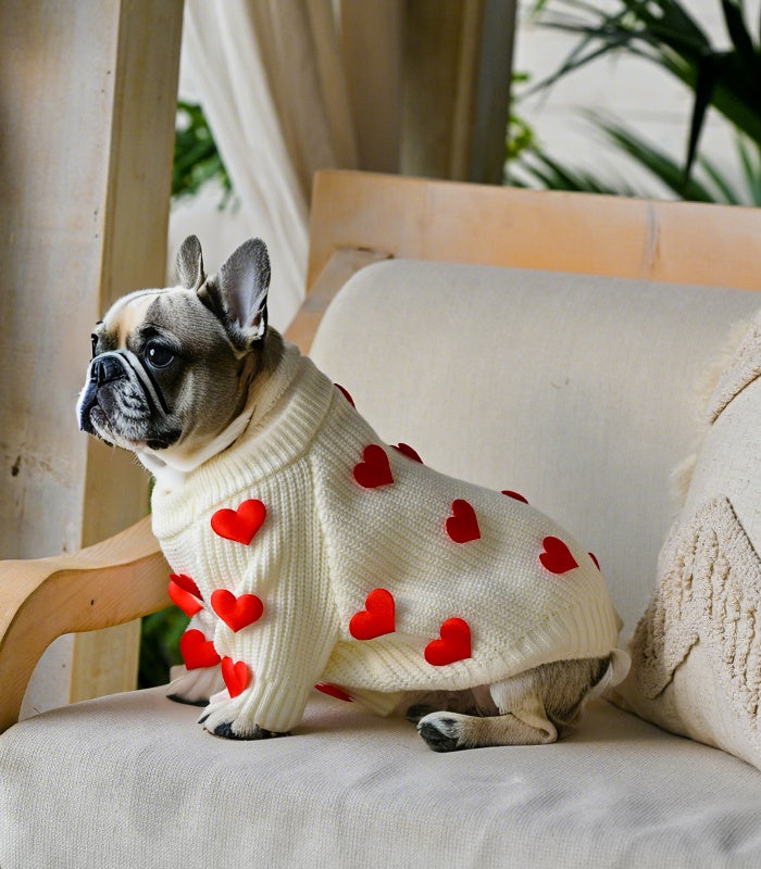 Cream Heart-3D Motif Pet Sweater