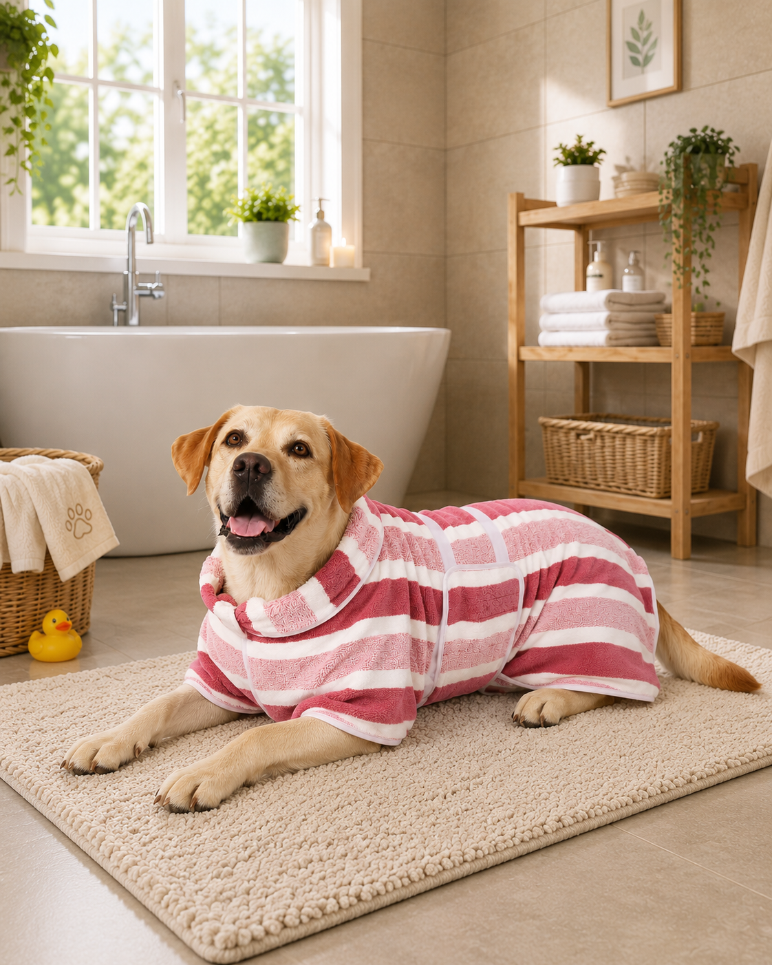 Quick Dry Dog Bathrobe With Striped Design And Adjustable Strap
