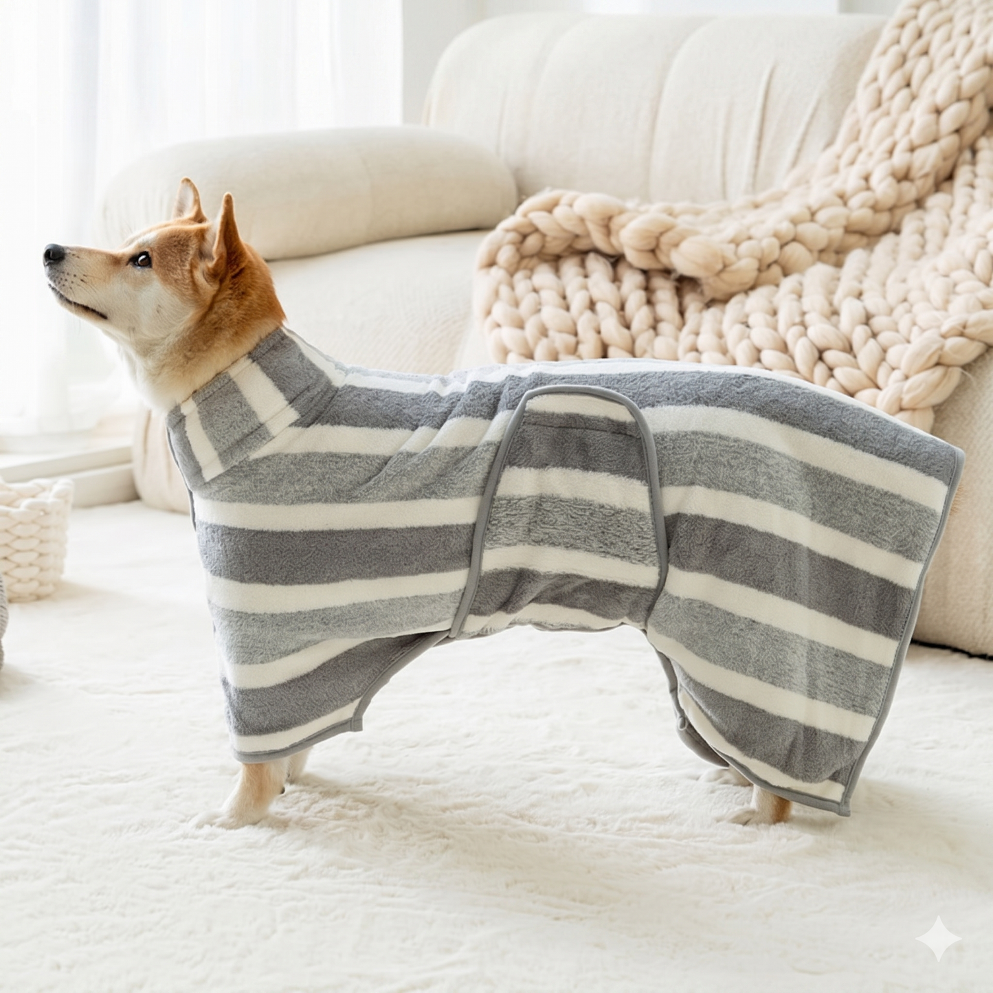 Quick Dry Dog Bathrobe With Striped Design And Adjustable Strap