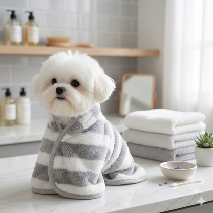 Quick Dry Dog Bathrobe With Striped Design And Adjustable Strap
