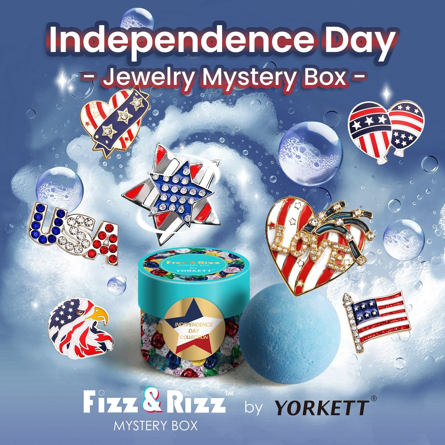 Fizz & Rizz by Yorkett Independence Day Theme Brooch Jewelry Mystery Box