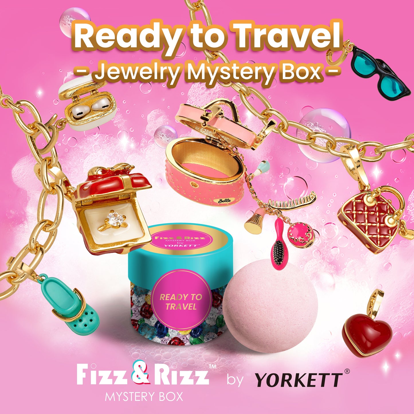 Fizz & Rizz Mystery Jewelry Box Travel Themed Charm Set with Necklace & Bracelet