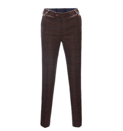 Men's Suit Pants Coffee Tweed Plaid Pleat-Front Trousers