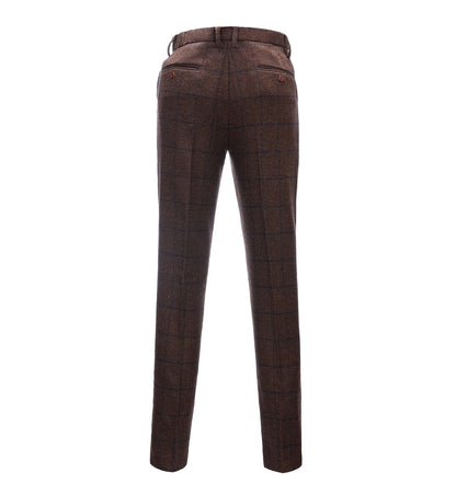 Men's Suit Pants Coffee Tweed Plaid Pleat-Front Trousers