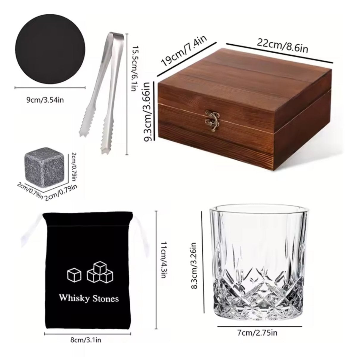 Premium Whiskey Stones & Glass Gift Set | 2 Crystal Tumblers, 8 Granite Rocks in Wood Box | Luxury Gift for Men, Dad & Groomsmen