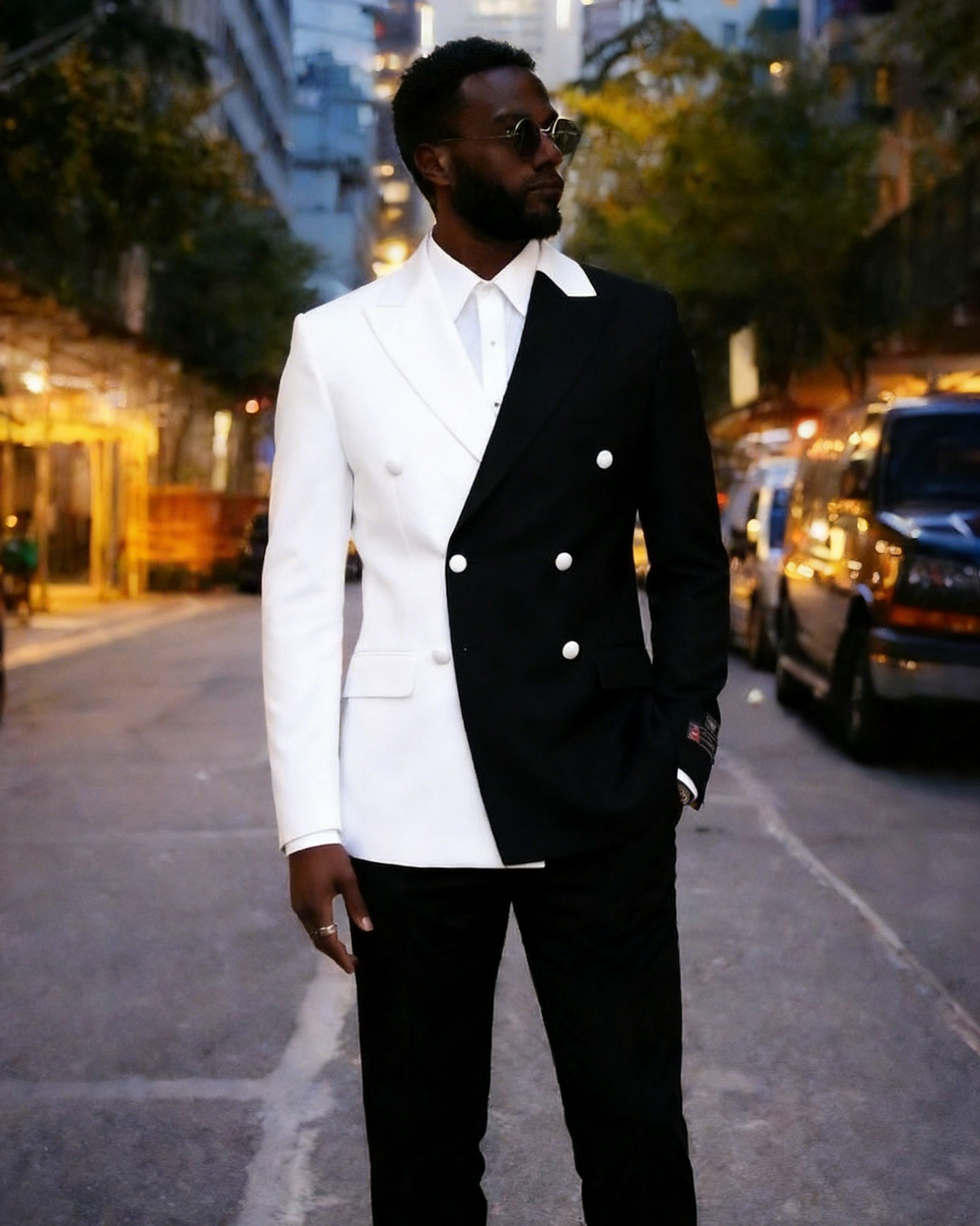 Men White & Black 2-Piece Peaked Lapel Double Breasted prom Suit