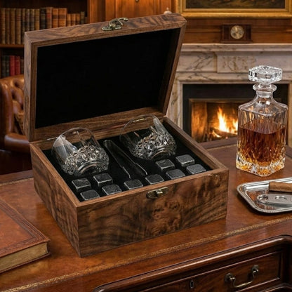 Premium Whiskey Stones & Glass Gift Set | 2 Crystal Tumblers, 8 Granite Rocks in Wood Box | Luxury Gift for Men, Dad & Groomsmen