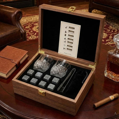 Premium Whiskey Stones & Glass Gift Set | 2 Crystal Tumblers, 8 Granite Rocks in Wood Box | Luxury Gift for Men, Dad & Groomsmen