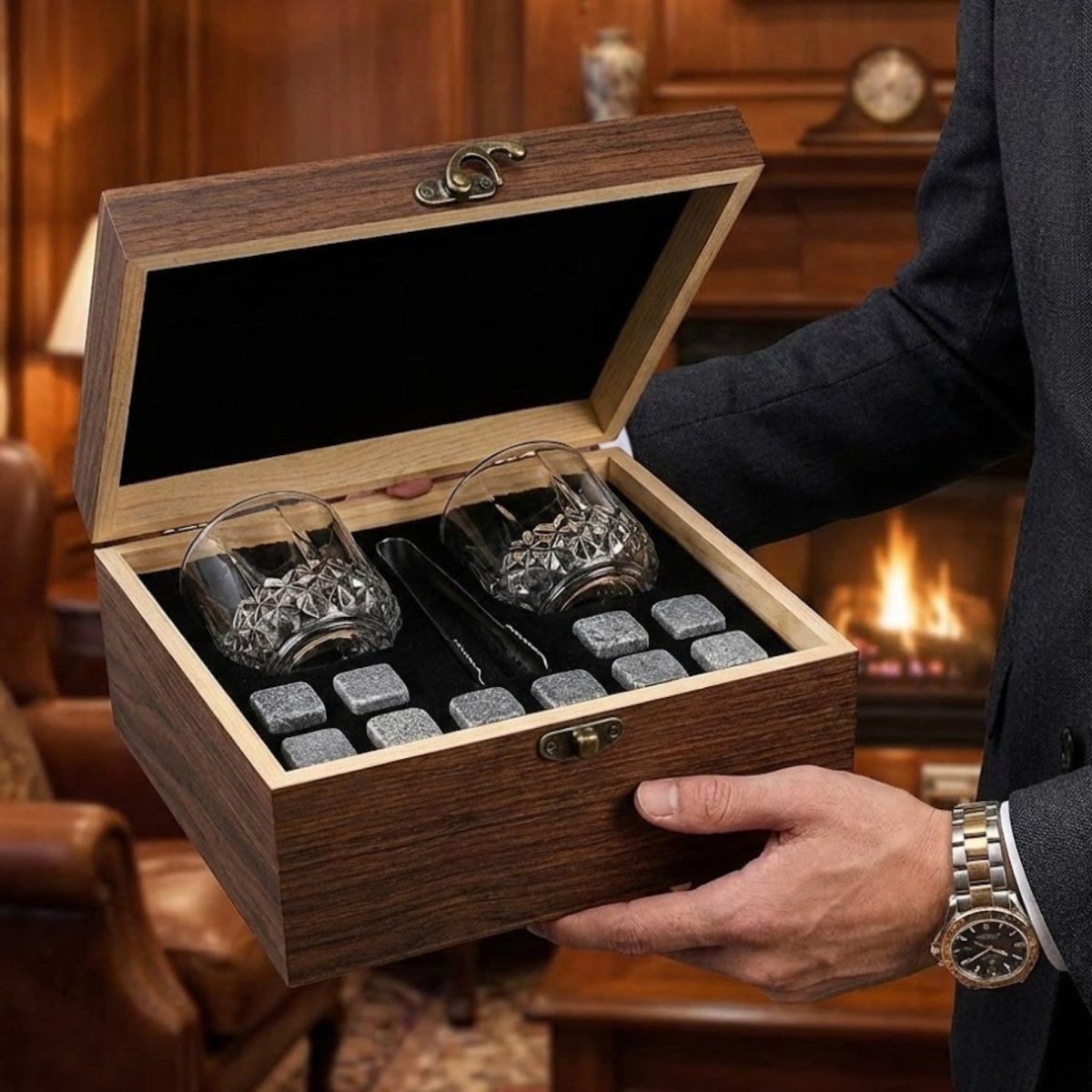 Premium Whiskey Stones & Glass Gift Set | 2 Crystal Tumblers, 8 Granite Rocks in Wood Box | Luxury Gift for Men, Dad & Groomsmen