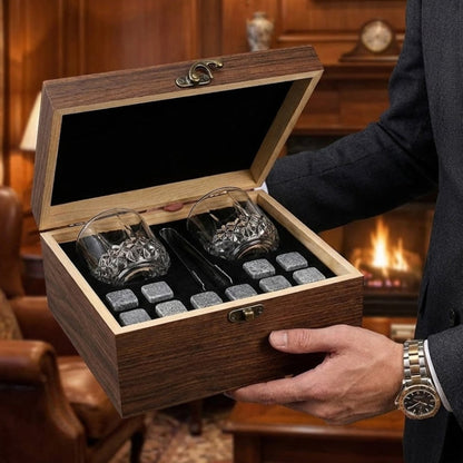 Premium Whiskey Stones & Glass Gift Set | 2 Crystal Tumblers, 8 Granite Rocks in Wood Box | Luxury Gift for Men, Dad & Groomsmen