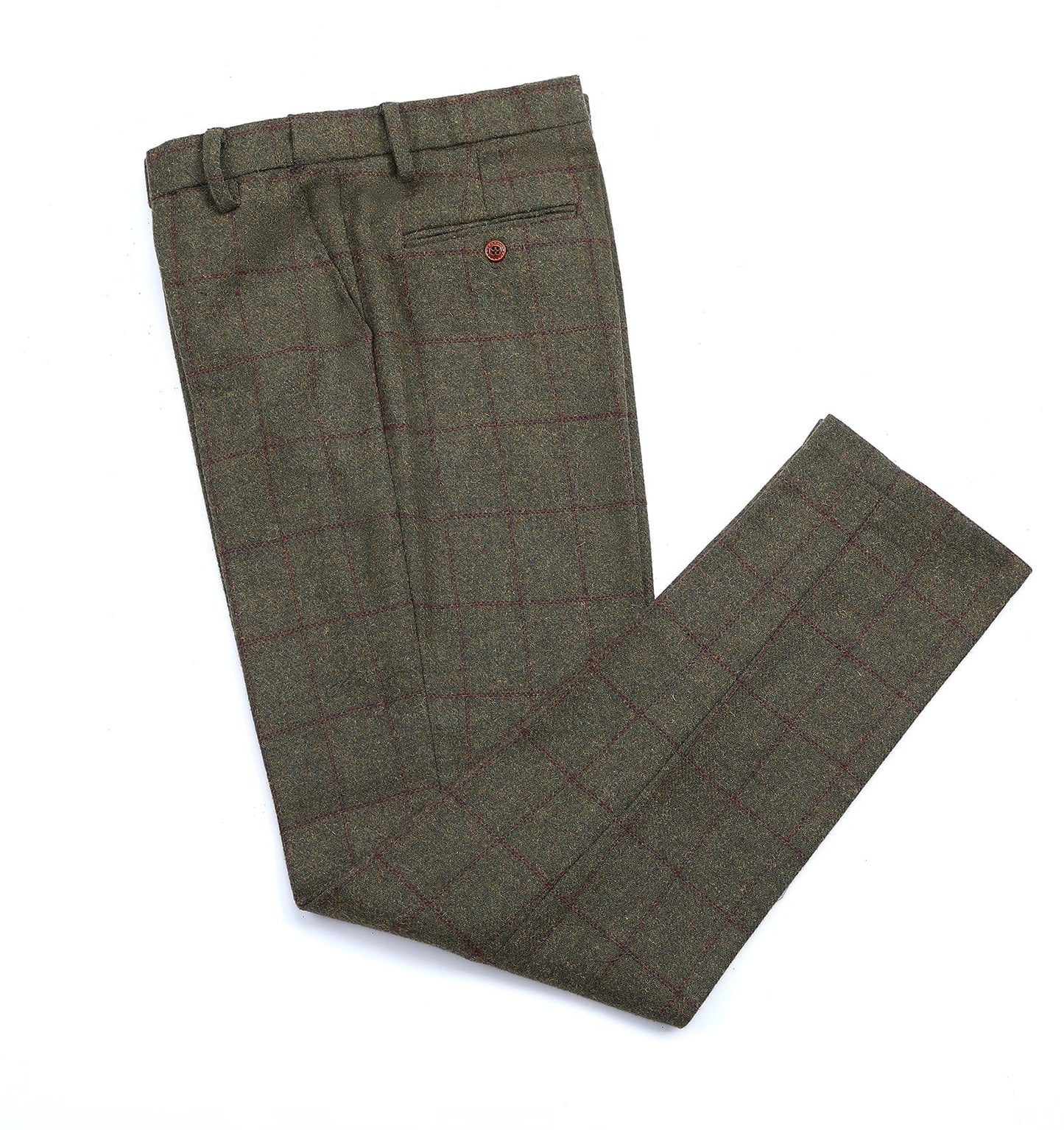Men's Casual Suit Pants Green Plaid Pleat-Front Trousers
