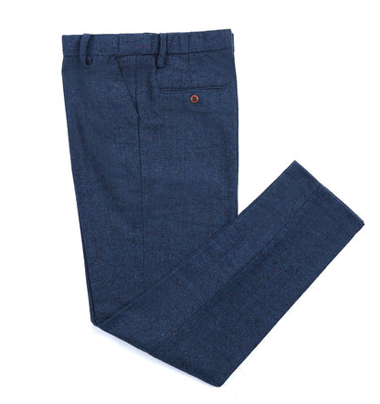 Men's Casual Suit Pants Royal Blue Herringbone Pleat-Front Trousers